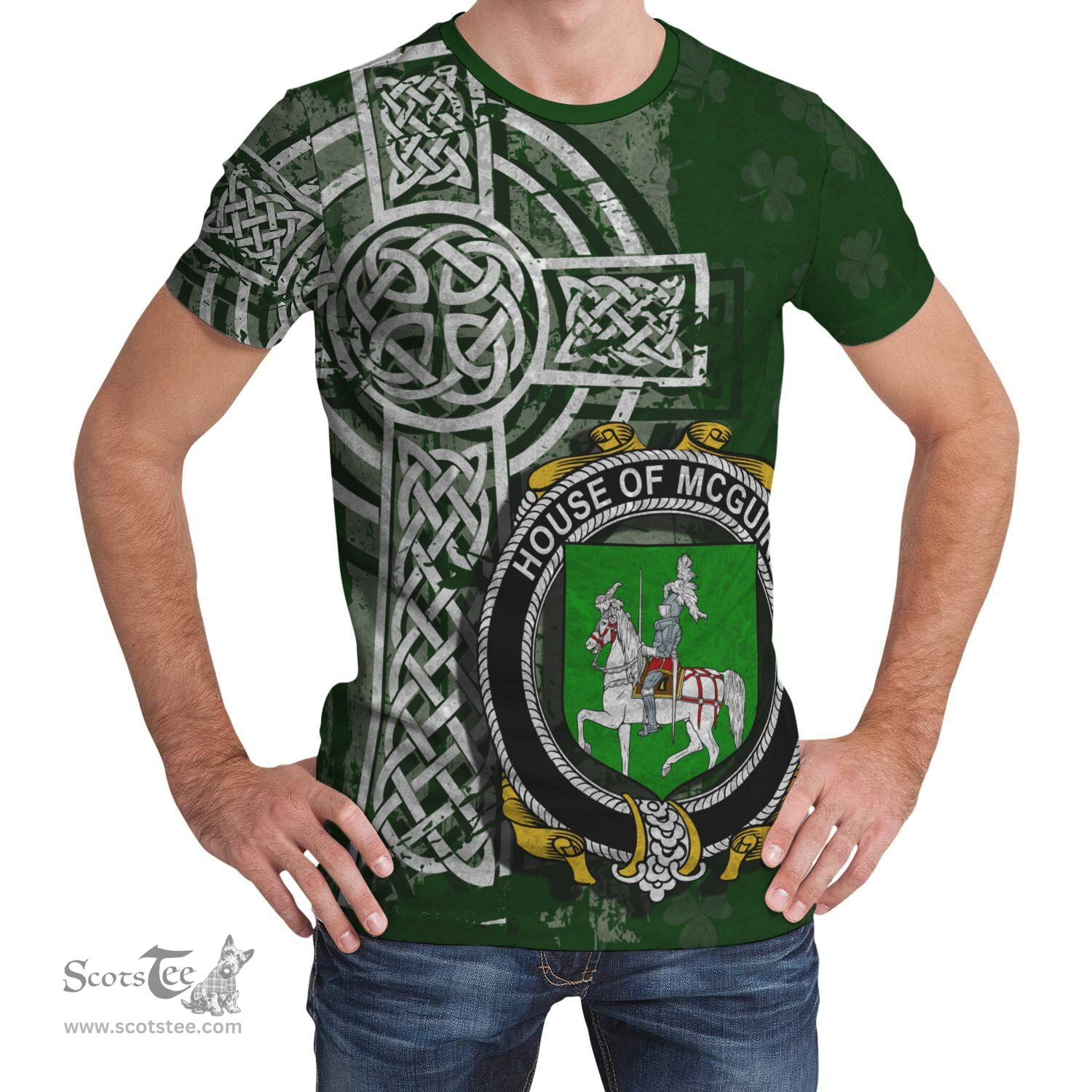 ScotsTee Shop Irish McGuire and Maguire Coat of Arms Irish Family Crest T Shirt Irish Shamrock Celtic Cross Green T Shirt