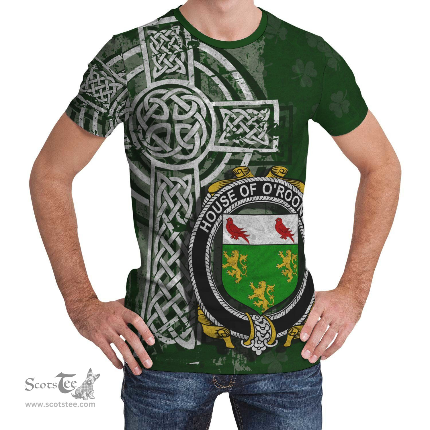 ScotsTee Shop Irish Rooney or  O'Rooney Coat of Arms Irish Family Crest T Shirt Irish Shamrock Celtic Cross Green T Shirt
