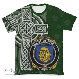 ScotsTee Shop Irish Mihill Coat of Arms Irish Family Crest T Shirt Irish Shamrock Celtic Cross Green T Shirt