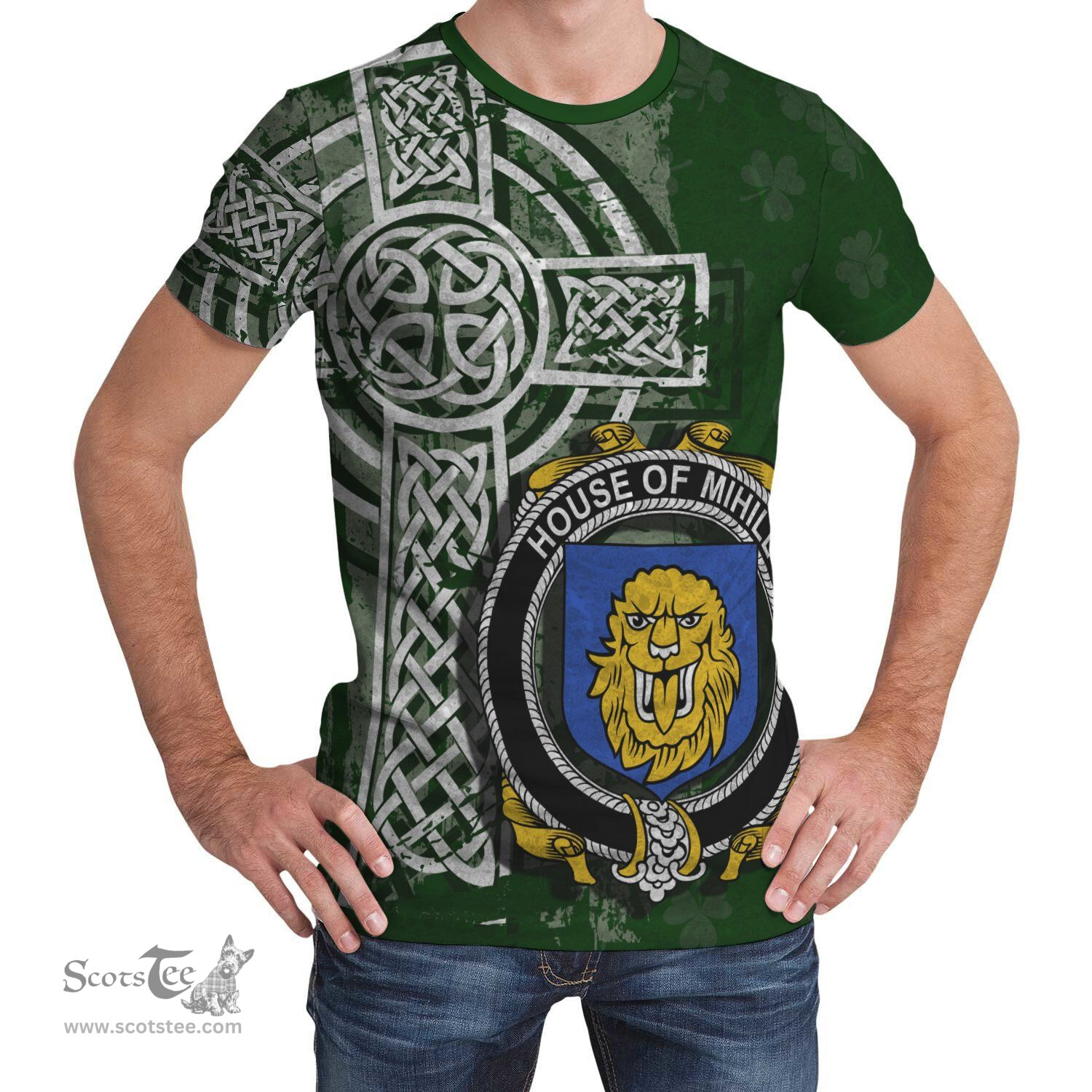 ScotsTee Shop Irish Mihill Coat of Arms Irish Family Crest T Shirt Irish Shamrock Celtic Cross Green T Shirt