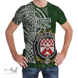 ScotsTee Shop Irish McBride or MacBride Coat of Arms Irish Family Crest T Shirt Irish Shamrock Celtic Cross Green T Shirt