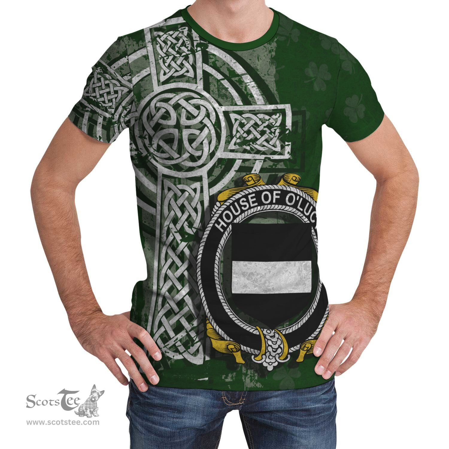 ScotsTee Shop Irish Lucey or O'Lucy Coat of Arms Irish Family Crest T Shirt Irish Shamrock Celtic Cross Green T Shirt