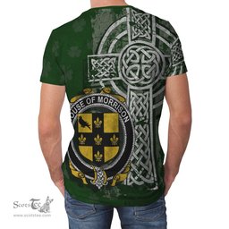 ScotsTee Shop Irish Morrison Coat of Arms Irish Family Crest T Shirt Irish Shamrock Celtic Cross Green T Shirt