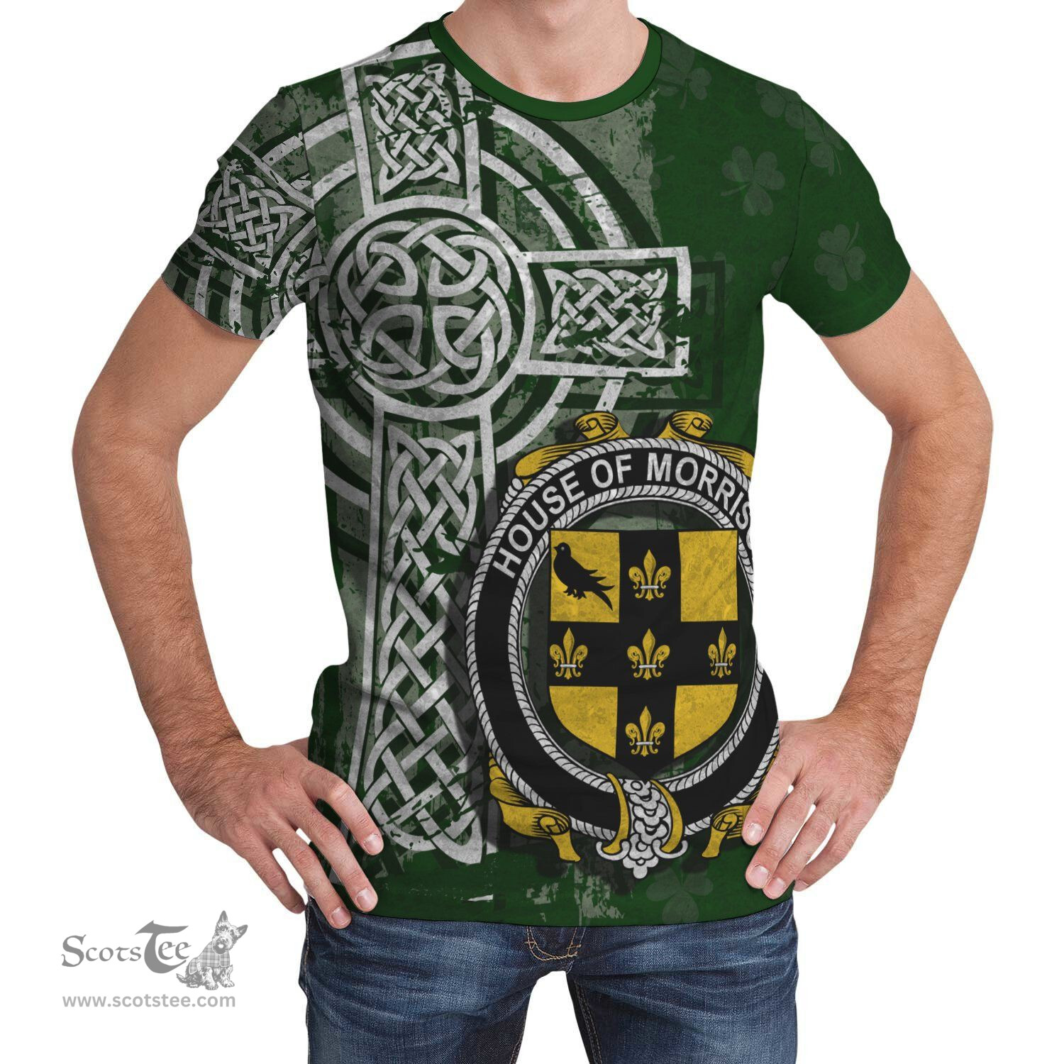 ScotsTee Shop Irish Morrison Coat of Arms Irish Family Crest T Shirt Irish Shamrock Celtic Cross Green T Shirt