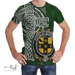 ScotsTee Shop Irish Morrison Coat of Arms Irish Family Crest T Shirt Irish Shamrock Celtic Cross Green T Shirt