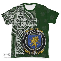 ScotsTee Shop Irish Read Coat of Arms Irish Family Crest T Shirt Irish Shamrock Celtic Cross Green T Shirt