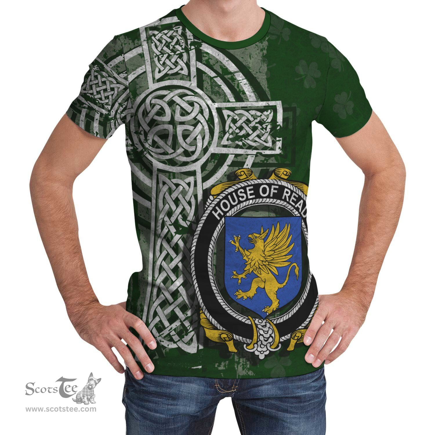 ScotsTee Shop Irish Read Coat of Arms Irish Family Crest T Shirt Irish Shamrock Celtic Cross Green T Shirt