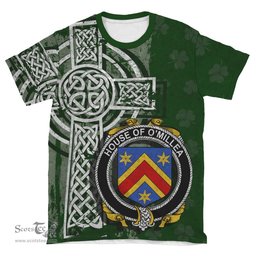 ScotsTee Shop Irish Milley or O'Millea Coat of Arms Irish Family Crest T Shirt Irish Shamrock Celtic Cross Green T Shirt