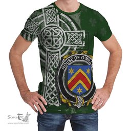 ScotsTee Shop Irish Milley or O'Millea Coat of Arms Irish Family Crest T Shirt Irish Shamrock Celtic Cross Green T Shirt