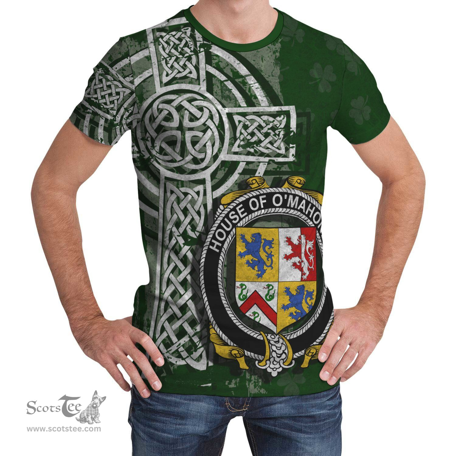 ScotsTee Shop Irish Mahony or O'Mahoney Coat of Arms Irish Family Crest T Shirt Irish Shamrock Celtic Cross Green T Shirt