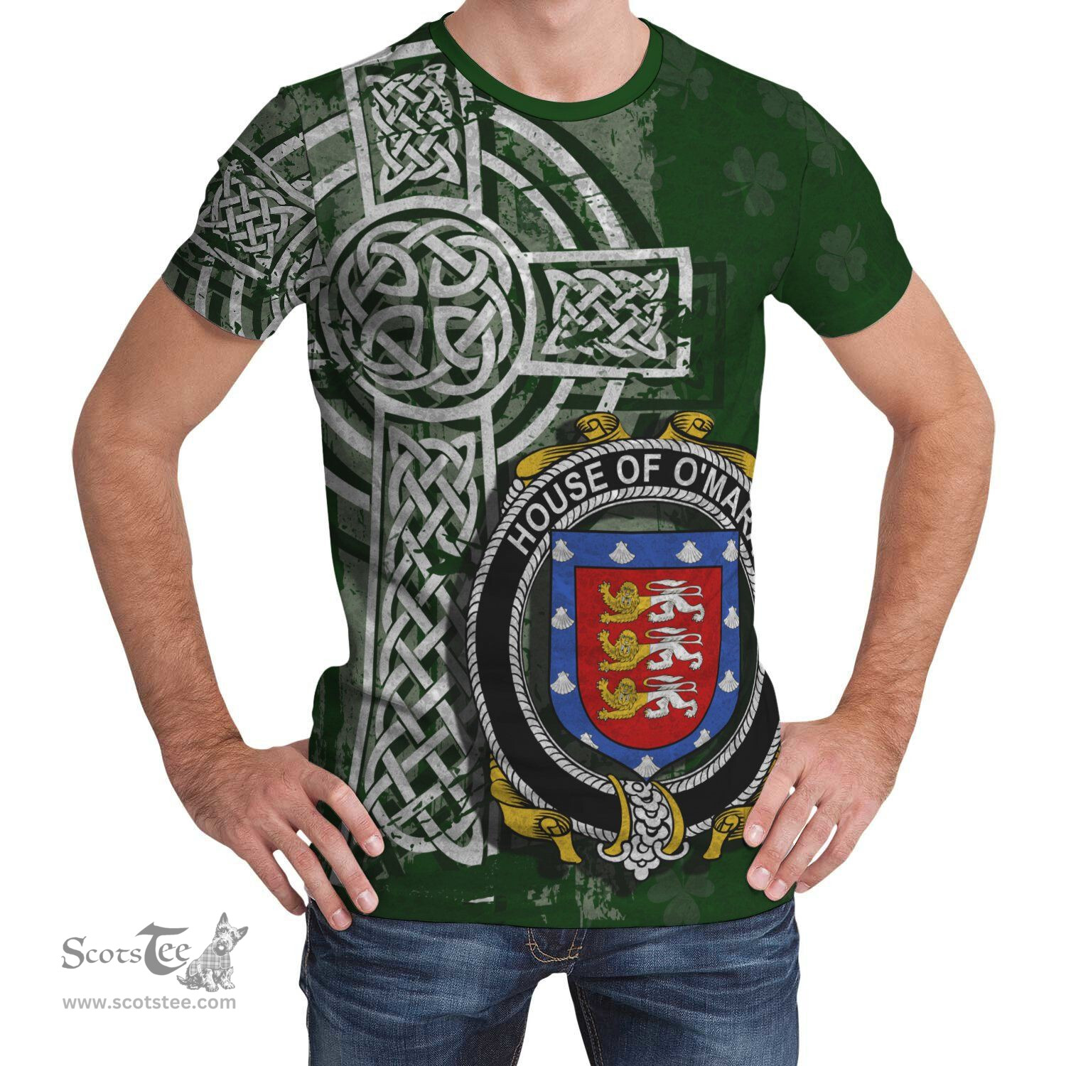 ScotsTee Shop Irish Meara or O'Mara Coat of Arms Irish Family Crest T Shirt Irish Shamrock Celtic Cross Green T Shirt