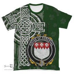 ScotsTee Shop Irish Perceval Coat of Arms Irish Family Crest T Shirt Irish Shamrock Celtic Cross Green T Shirt
