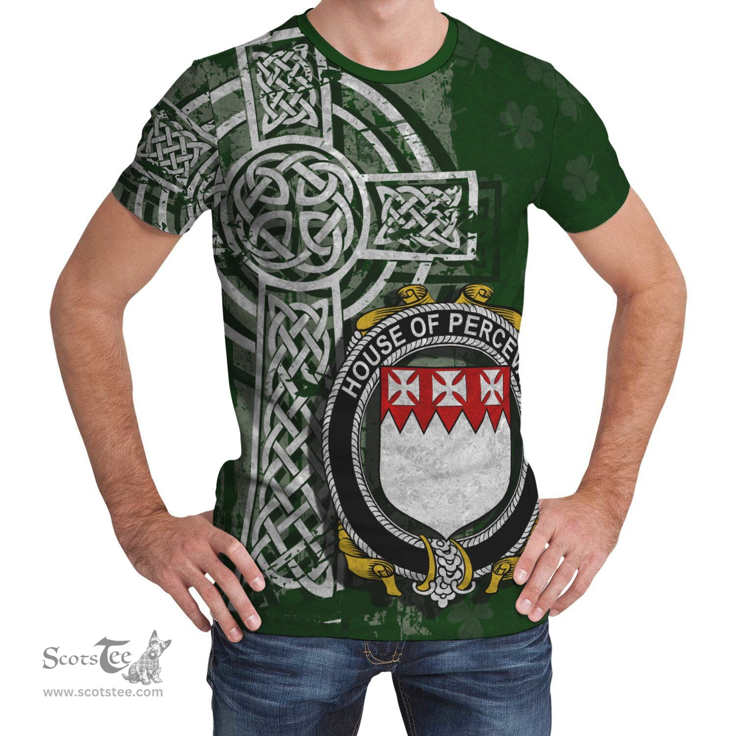 ScotsTee Shop Irish Perceval Coat of Arms Irish Family Crest T Shirt Irish Shamrock Celtic Cross Green T Shirt