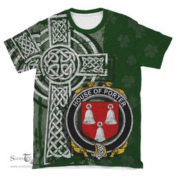 ScotsTee Shop Irish Porter Coat of Arms Irish Family Crest T Shirt Irish Shamrock Celtic Cross Green T Shirt