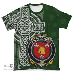 ScotsTee Shop Irish Marsh Coat of Arms Irish Family Crest T Shirt Irish Shamrock Celtic Cross Green T Shirt