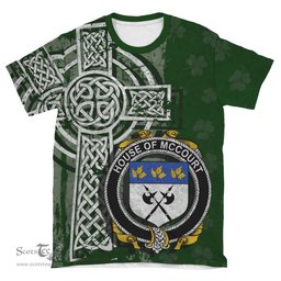 ScotsTee Shop Irish McCourt Coat of Arms Irish Family Crest T Shirt Irish Shamrock Celtic Cross Green T Shirt