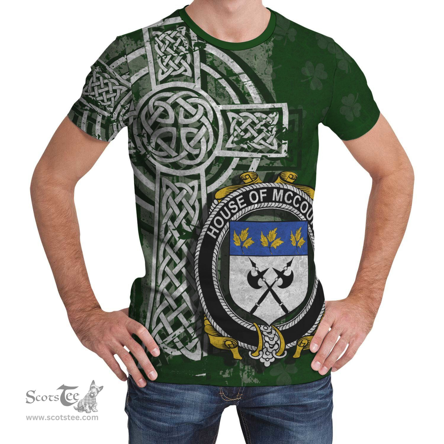 ScotsTee Shop Irish McCourt Coat of Arms Irish Family Crest T Shirt Irish Shamrock Celtic Cross Green T Shirt