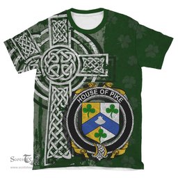 ScotsTee Shop Irish Pike Coat of Arms Irish Family Crest T Shirt Irish Shamrock Celtic Cross Green T Shirt
