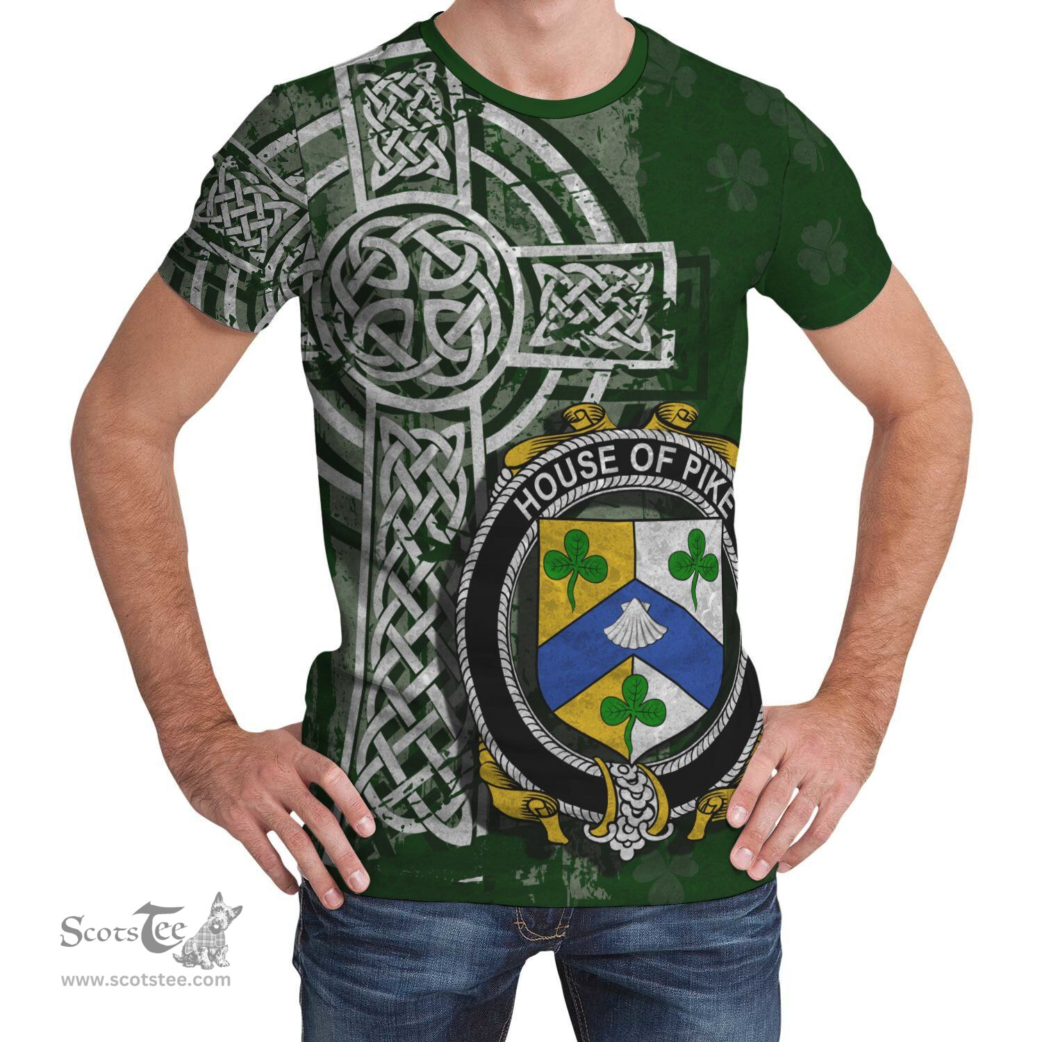 ScotsTee Shop Irish Pike Coat of Arms Irish Family Crest T Shirt Irish Shamrock Celtic Cross Green T Shirt