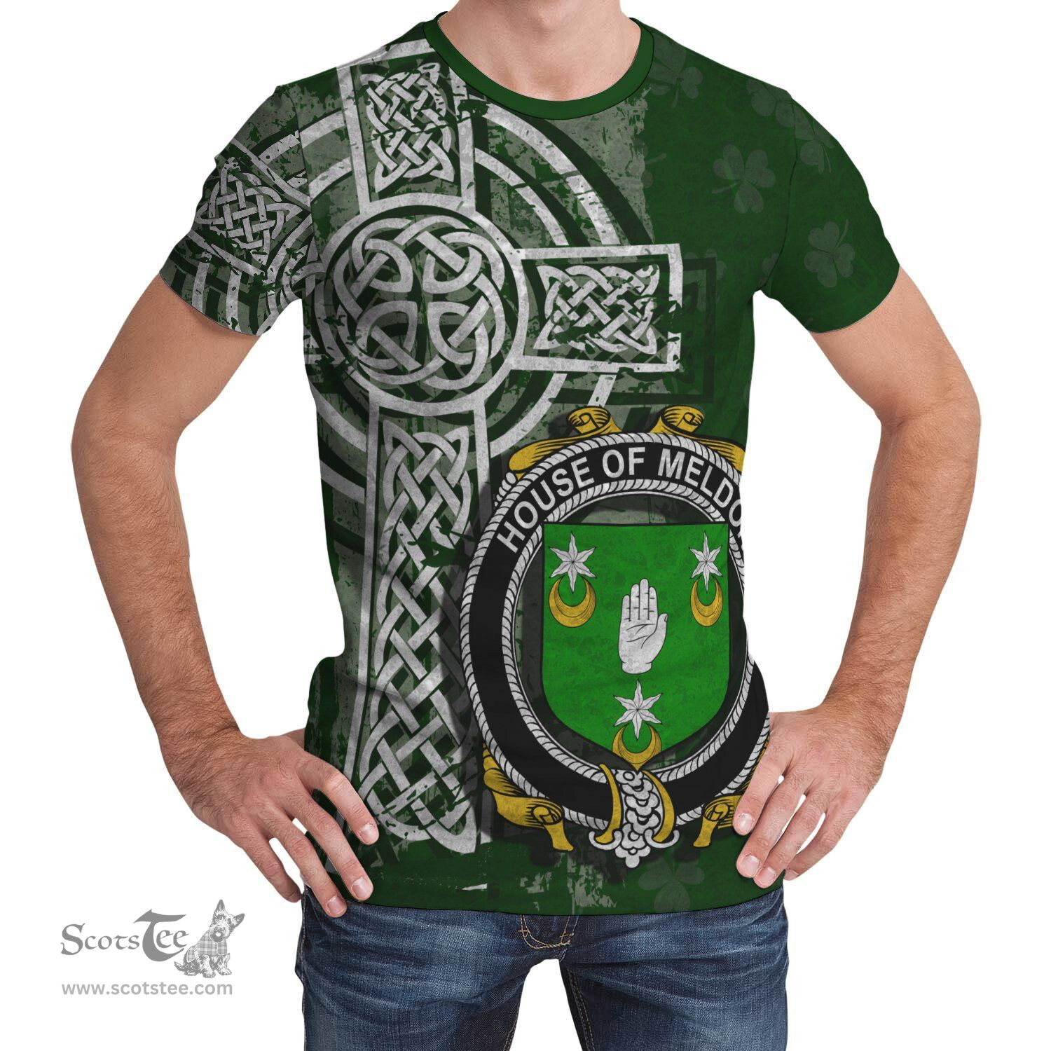ScotsTee Shop Irish Meldon or Muldoon Coat of Arms Irish Family Crest T Shirt Irish Shamrock Celtic Cross Green T Shirt