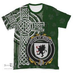 ScotsTee Shop Irish Morgan Coat of Arms Irish Family Crest T Shirt Irish Shamrock Celtic Cross Green T Shirt