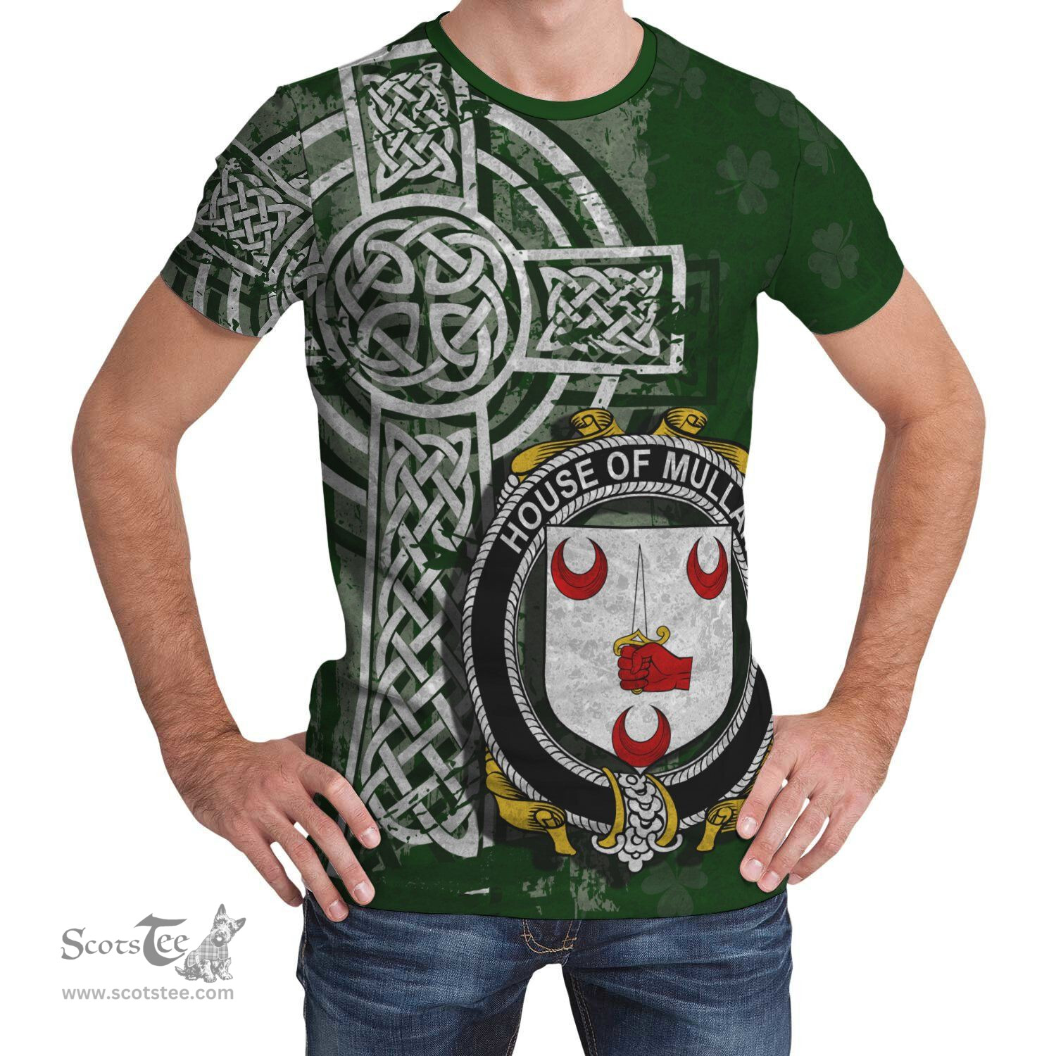 ScotsTee Shop Irish Mullan Coat of Arms Irish Family Crest T Shirt Irish Shamrock Celtic Cross Green T Shirt