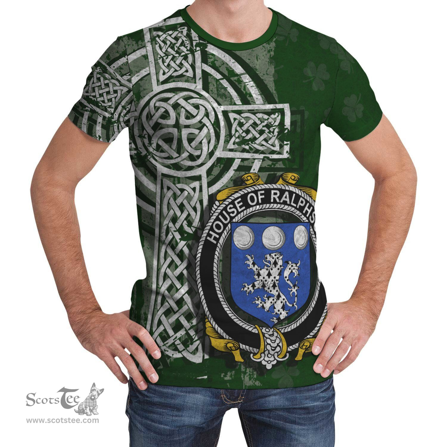 ScotsTee Shop Irish Ralphson Coat of Arms Irish Family Crest T Shirt Irish Shamrock Celtic Cross Green T Shirt