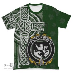 ScotsTee Shop Irish Mervyn Coat of Arms Irish Family Crest T Shirt Irish Shamrock Celtic Cross Green T Shirt