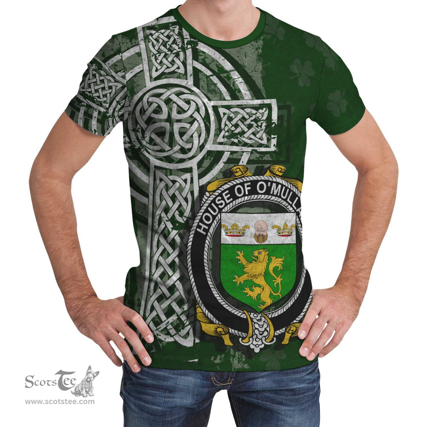 ScotsTee Shop Irish Mullady or O'Mullady Coat of Arms Irish Family Crest T Shirt Irish Shamrock Celtic Cross Green T Shirt