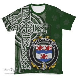 ScotsTee Shop Irish Milligan Coat of Arms Irish Family Crest T Shirt Irish Shamrock Celtic Cross Green T Shirt