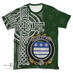 ScotsTee Shop Irish Pitt Coat of Arms Irish Family Crest T Shirt Irish Shamrock Celtic Cross Green T Shirt