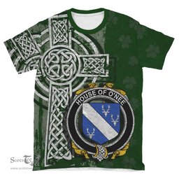 ScotsTee Shop Irish Needham or O'Nee Coat of Arms Irish Family Crest T Shirt Irish Shamrock Celtic Cross Green T Shirt