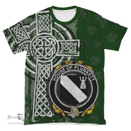 ScotsTee Shop Irish Plunkett Coat of Arms Irish Family Crest T Shirt Irish Shamrock Celtic Cross Green T Shirt