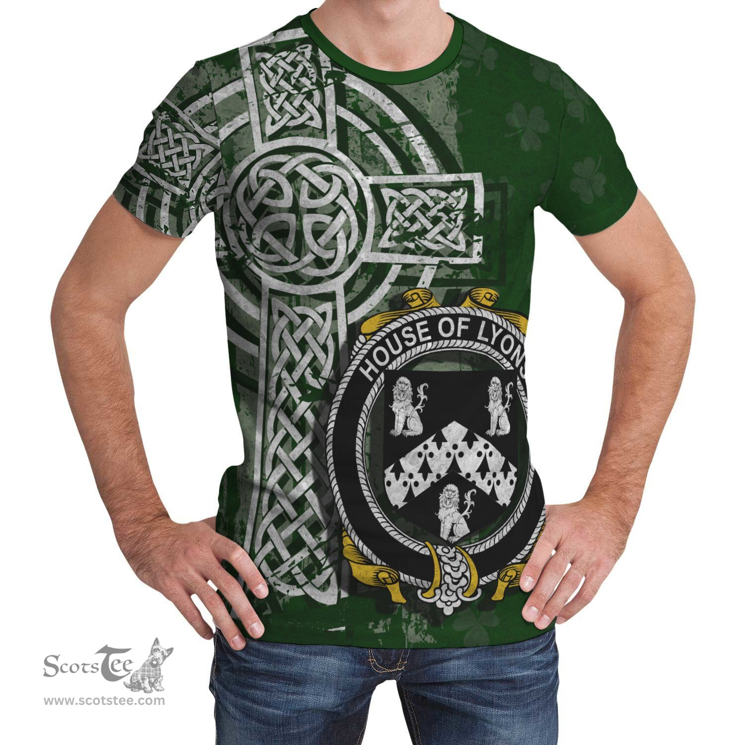 ScotsTee Shop Irish Lyons or Lyne Coat of Arms Irish Family Crest T Shirt Irish Shamrock Celtic Cross Green T Shirt