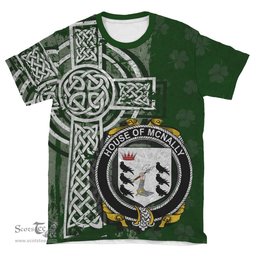 ScotsTee Shop Irish McNally Coat of Arms Irish Family Crest T Shirt Irish Shamrock Celtic Cross Green T Shirt