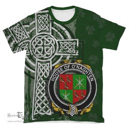 ScotsTee Shop Irish Naghten or O'Naghten Coat of Arms Irish Family Crest T Shirt Irish Shamrock Celtic Cross Green T Shirt
