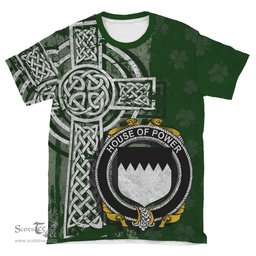 ScotsTee Shop Irish Power Coat of Arms Irish Family Crest T Shirt Irish Shamrock Celtic Cross Green T Shirt