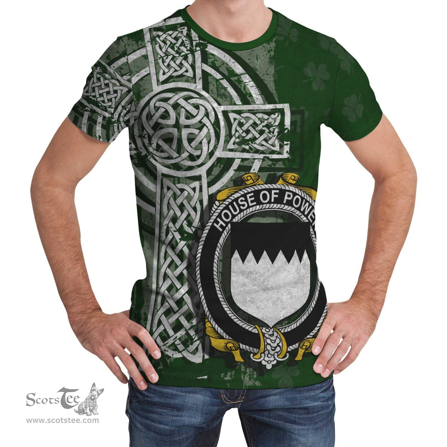 ScotsTee Shop Irish Power Coat of Arms Irish Family Crest T Shirt Irish Shamrock Celtic Cross Green T Shirt