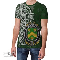 ScotsTee Shop Irish McCurdy or Curdy Coat of Arms Irish Family Crest T Shirt Irish Shamrock Celtic Cross Green T Shirt