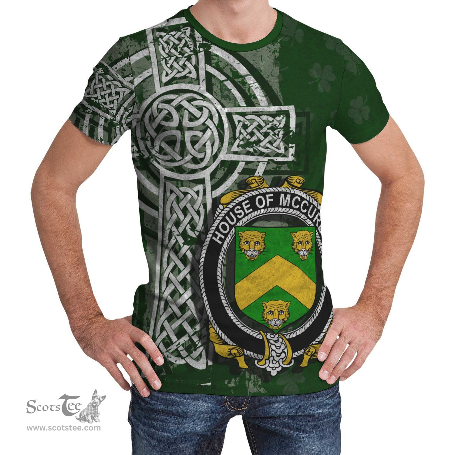 ScotsTee Shop Irish McCurdy or Curdy Coat of Arms Irish Family Crest T Shirt Irish Shamrock Celtic Cross Green T Shirt