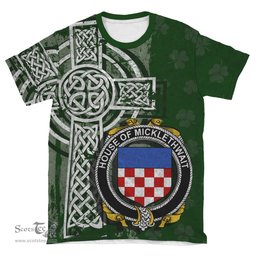 ScotsTee Shop Irish Micklethwait Coat of Arms Irish Family Crest T Shirt Irish Shamrock Celtic Cross Green T Shirt