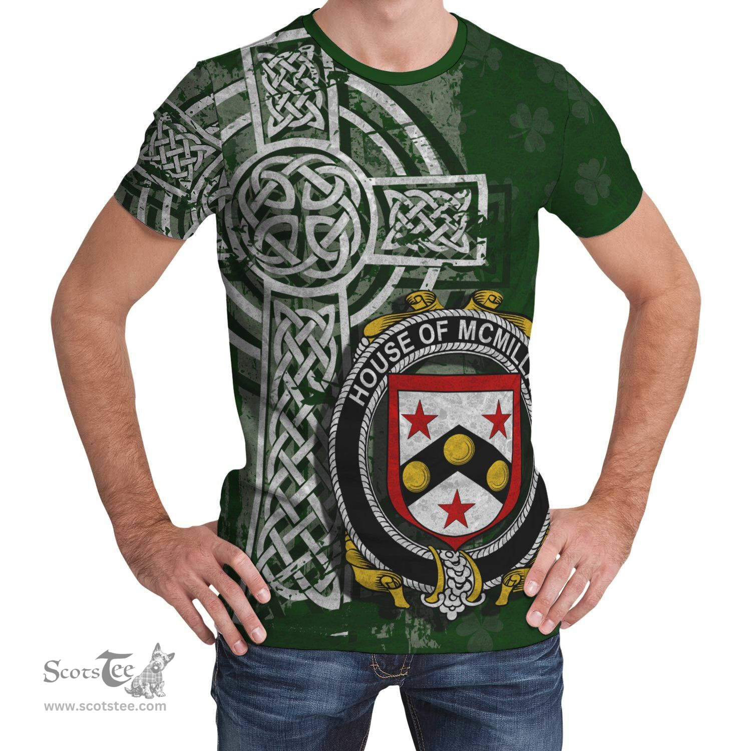 ScotsTee Shop Irish McMillan Coat of Arms Irish Family Crest T Shirt Irish Shamrock Celtic Cross Green T Shirt