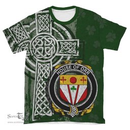 ScotsTee Shop Irish Orr Coat of Arms Irish Family Crest T Shirt Irish Shamrock Celtic Cross Green T Shirt