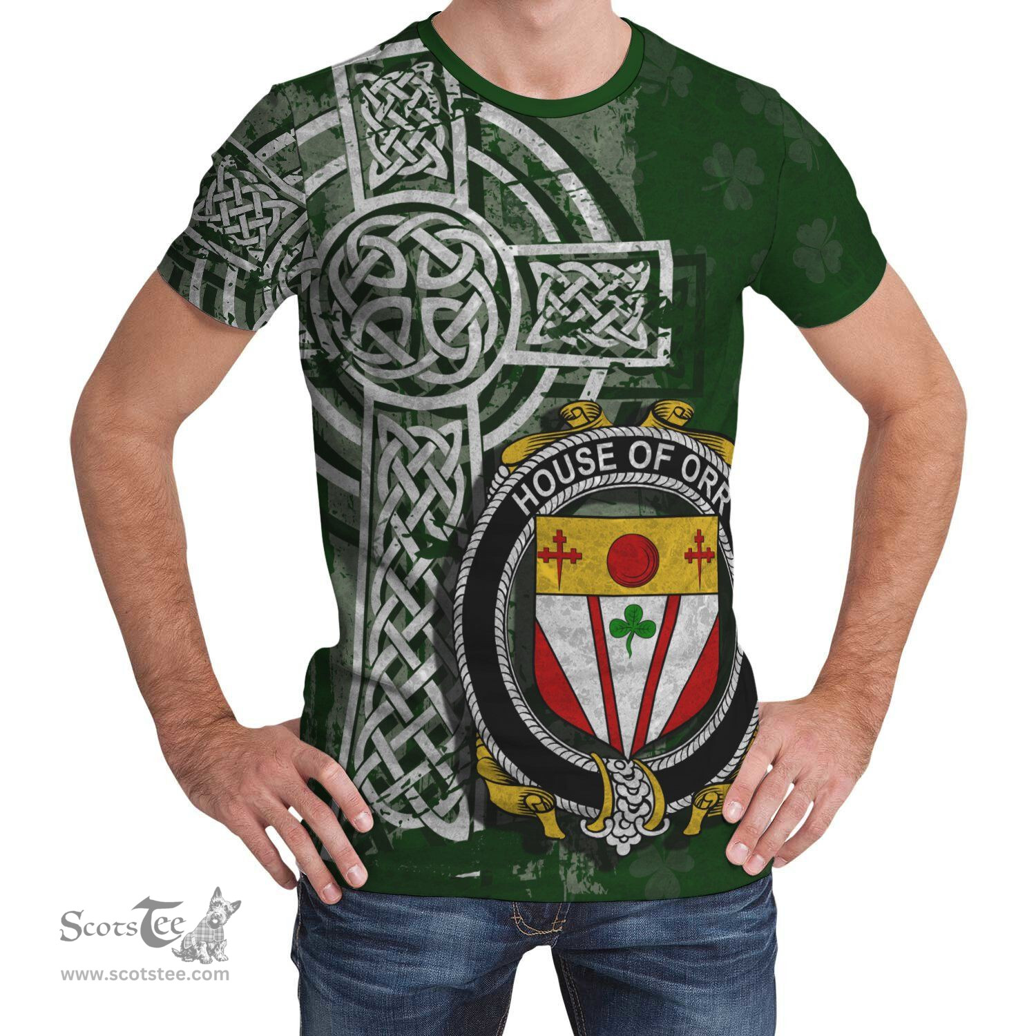ScotsTee Shop Irish Orr Coat of Arms Irish Family Crest T Shirt Irish Shamrock Celtic Cross Green T Shirt