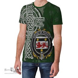 ScotsTee Shop Irish Parker Coat of Arms Irish Family Crest T Shirt Irish Shamrock Celtic Cross Green T Shirt