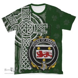 ScotsTee Shop Irish Parker Coat of Arms Irish Family Crest T Shirt Irish Shamrock Celtic Cross Green T Shirt
