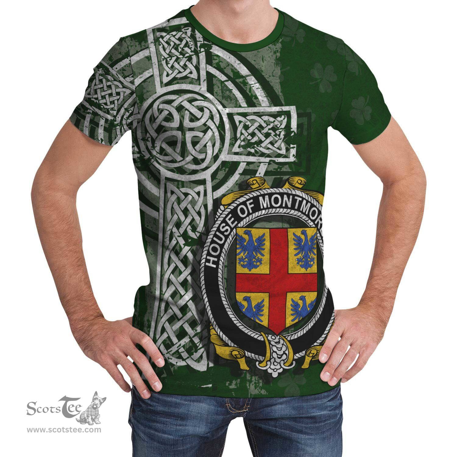 ScotsTee Shop Irish Montmorency Coat of Arms Irish Family Crest T Shirt Irish Shamrock Celtic Cross Green T Shirt