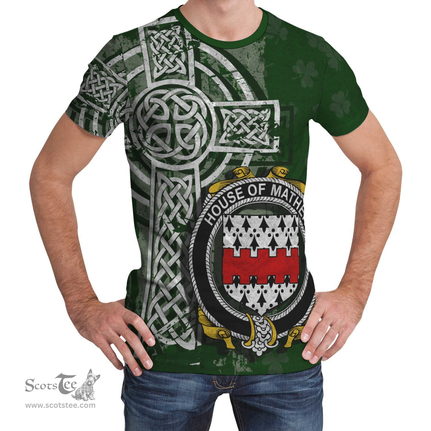 ScotsTee Shop Irish Mather or Mathers Coat of Arms Irish Family Crest T Shirt Irish Shamrock Celtic Cross Green T Shirt