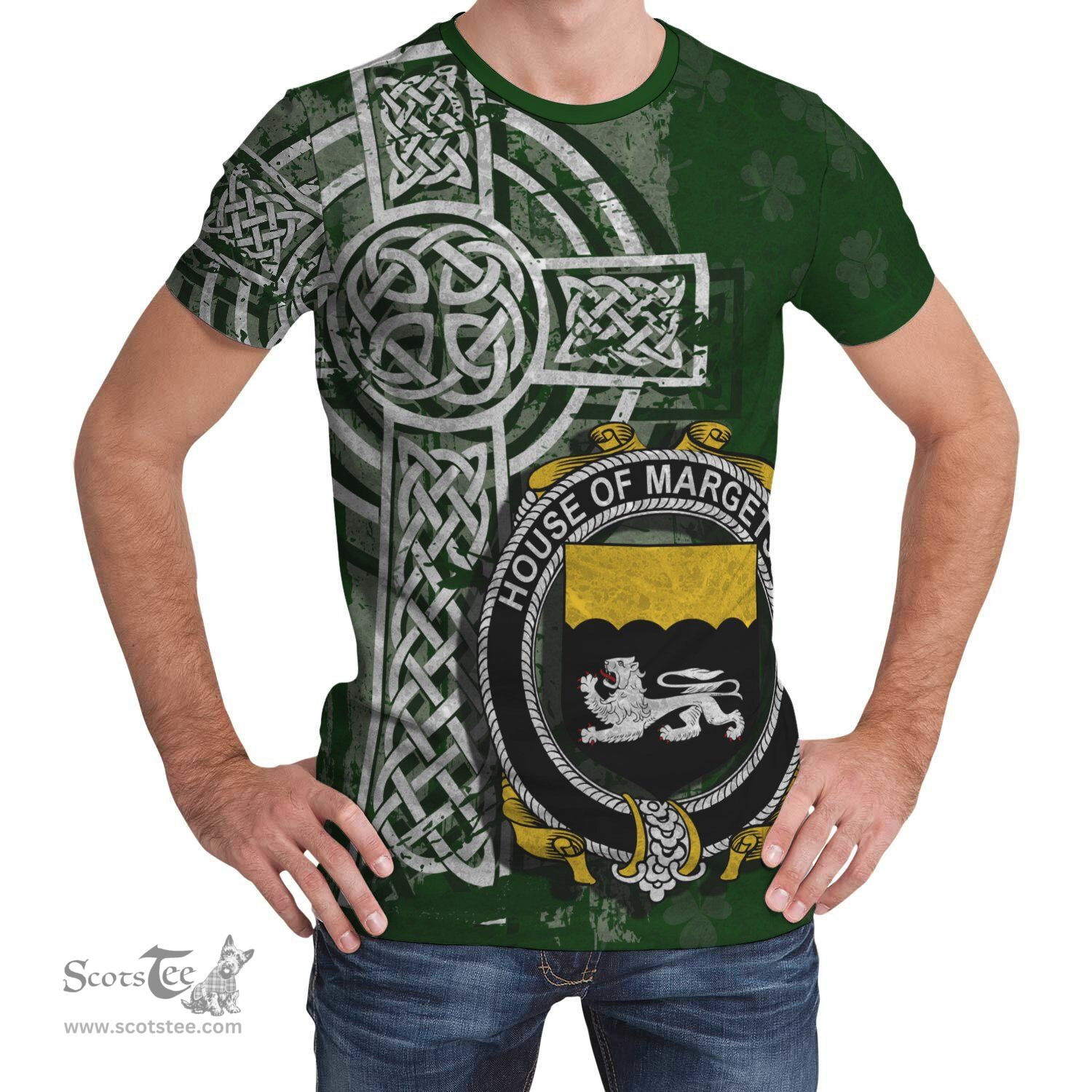 ScotsTee Shop Irish Margetson Coat of Arms Irish Family Crest T Shirt Irish Shamrock Celtic Cross Green T Shirt