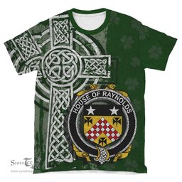 ScotsTee Shop Irish Raynolds Coat of Arms Irish Family Crest T Shirt Irish Shamrock Celtic Cross Green T Shirt